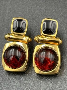 Joan Rivers Gold Tone Faux Amber & Black Enamel Drop Clip Earrings